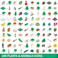 100 plants and animals icons set, isometric style vector
