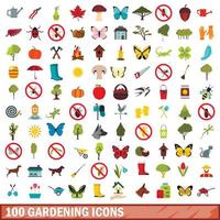 100 iconos de jardinería, estilo plano vector