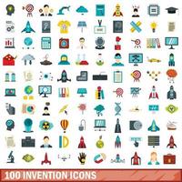 100 invention icons set, flat style vector