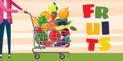 Fruits shopping horizontal banner, cartoon style vector