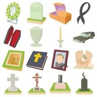 Funeral icons set, cartoon style vector