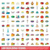 100 building icons set, cartoon style vector