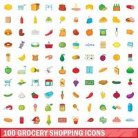 100 iconos de compras de comestibles, estilo de dibujos animados vector