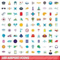 100 iconos de aeropuerto, estilo de dibujos animados vector