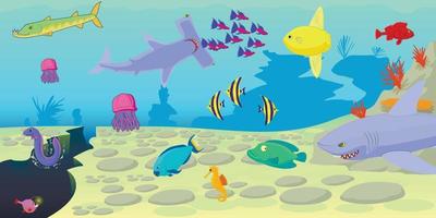 banner horizontal de escena de peces oceánicos, estilo de dibujos animados vector
