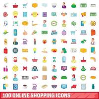 100 compras en línea, conjunto de iconos de estilo de dibujos animados vector