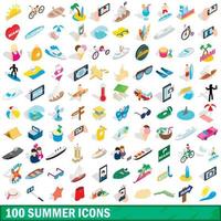 100 summer icons set, isometric 3d style vector