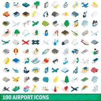 100 airport icons set, isometric 3d style vector