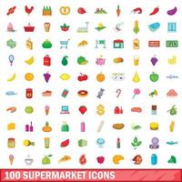 100 iconos de supermercado, estilo de dibujos animados vector