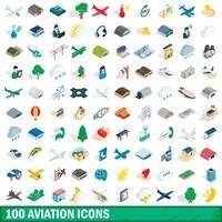 100 aviation icons set, isometric 3d style vector