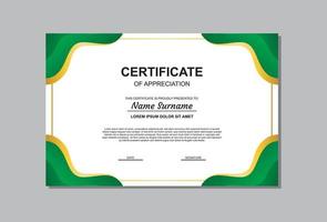 diseño de plantilla de certificado en colores dorado y verde. vector