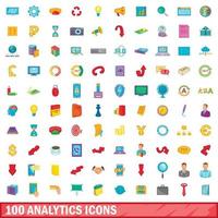 100 analytics icons set, cartoon style vector