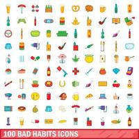 100 bad habits icons set, cartoon style vector