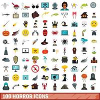 100 horror icons set, flat style vector