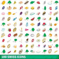 100 swiss icons set, isometric 3d style vector