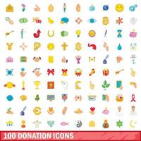 100 donation icons set, cartoon style vector
