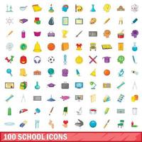 100 escuela, conjunto de iconos de estilo de dibujos animados vector