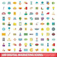 100 iconos de marketing digital, estilo de dibujos animados vector