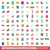 100 mujer compras, conjunto de iconos de estilo de dibujos animados vector