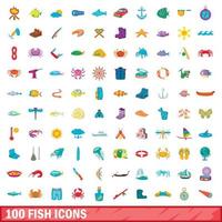 100 fish icons set, cartoon style vector