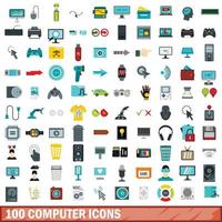 100 computer icons set, flat style vector
