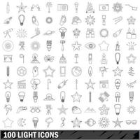 100 iconos de luz establecidos, estilo de contorno vector