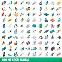 100 hi-tech icons set, isometric 3d style vector