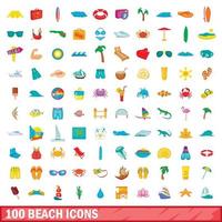 100 beach icons set, cartoon style vector