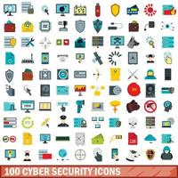 100 iconos de seguridad cibernética, estilo plano vector