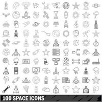 100 space icons set, outline style vector