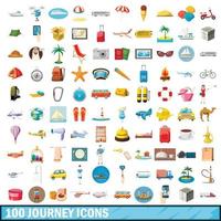 100 journey icons set, cartoon style vector