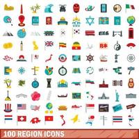 100 region icons set, flat style vector