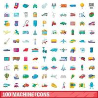 100 machine icons set, cartoon style vector