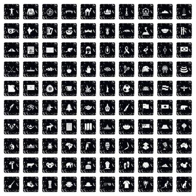 100 landmarks icons set, grunge style