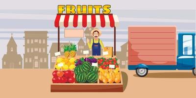 Fruits horizontal banner city kiosk, cartoon style vector