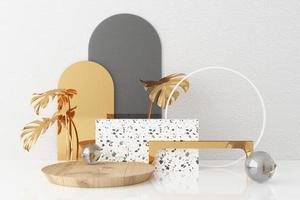 Minimal abstract geometric background with direct sunlight in shades of green and yellow. Showcase scene with empty podium for product presentation 3d rendering photo