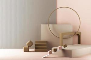 Minimal abstract geometric background with direct sunlight in shades of green and yellow. Showcase scene with empty podium for product presentation 3d rendering photo