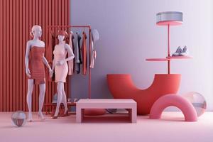 Clothes mannequins a hanger surrounding by bag and market prop with geometric shape on the floor in pink and blue color. 3d rendering photo