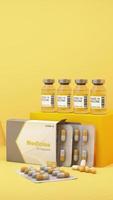 Covid-19 self test kit with vaccine and medicine on white background. 3d rendering photo