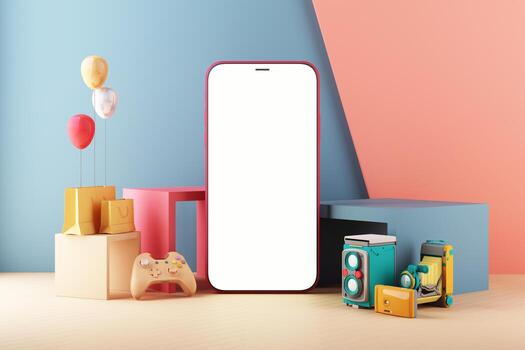 Mobile phone represent of Shopping Online on Mobile screen Application Concept Digital marketing with gamepad and video game console on colors pastel and statistics bar 3d rendering photo