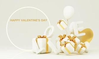 Romantic creative composition. Happy Valentine's Day. Realistic 3d festive decorative objects, heart shaped balloons and love, falling gift box, glitter gold. Holiday banner and poster. 3d render photo