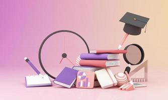 learning concept with white paper on board surrounded by Graduate cap, open books, balloon, Ruler,statistical graph, pencil and magnifying glass on pink and purple background 3d render photo