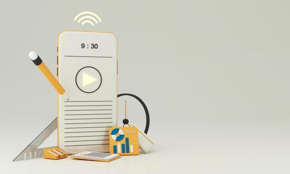 E-learning concept with laptop and wi-fi symbol surrounded by Graduate cap, open books, balloon, Ruler,statistical graph, pencil and magnifying glass on blue and yellow color tone 3d render photo