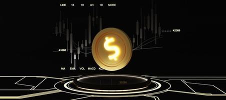 digital currency gold coin on display sticks with hidden lights illuminated on a digital background Black background with glow from the ground and stock chart in the back. 3d render photo