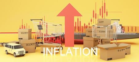 el concepto de inflación es cada vez mayor. afectando el comercio internacional y los negocios de transporte en el fondo amarillo y rojo y el transporte de los alrededores y la representación 3d de cartón foto