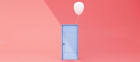 Close and open door on pastel background with sunlight shade and shadow with color balloon. 3d render photo