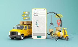 Fast delivery by scooter bike and van with mobile. E-commerce concept. Online food and shopping crate box order with route map. Webpage, app design. yellow and blue background. perspective 3d render photo