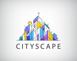 Vector colorful buildings, urban skyline logo, flat style with lines construction. Illustration, design template modern building in abstract way. Logo, structure, architecture