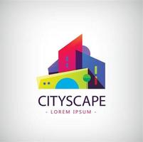 Concept vector graphic - Colorful buildings of urban skyline. The logo template shows modern buildings in abstract way. Building logo, structure, architecture