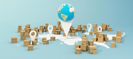 the Earth world map surrounded by cardboard boxes, a cargo container ship, a flying plane, a car, a van and a truck with gps location on blue background 3D rendering isometric view photo